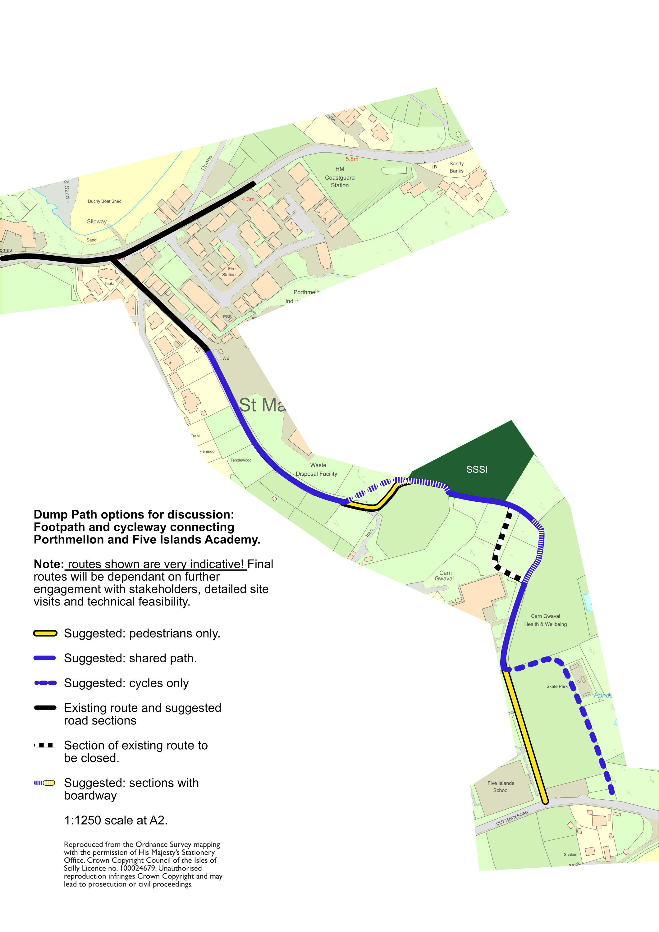 Map showing proposed changes to the Dump Path route on St Mary's including some separation of routes for cyclist and pedestrians. For a full explanation of the proposed changes, please email environment@scilly.gov.uk