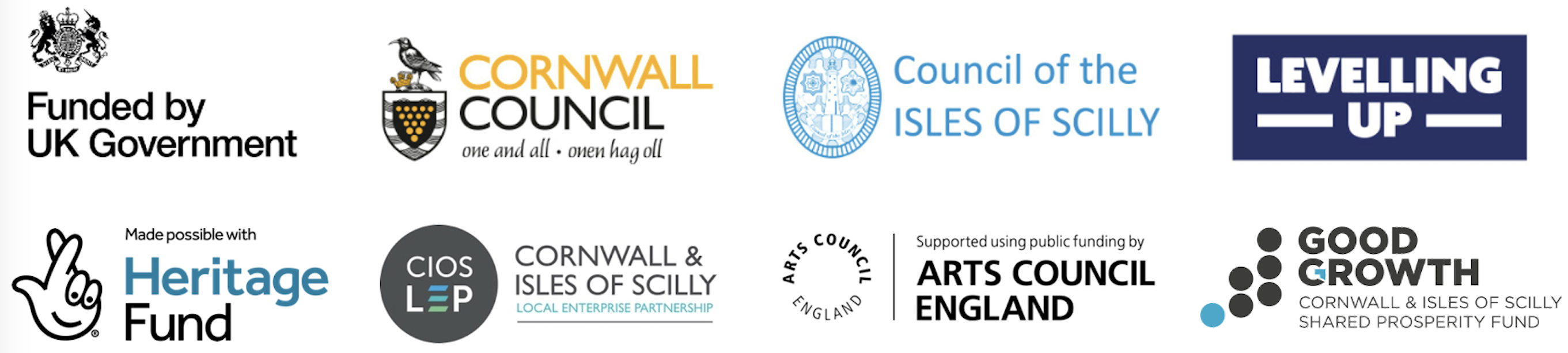 Logos for UK Government, Cornwall Council, Council of the Isles of Scilly, Levelling Up Fund, National Lottery Heritage Fund, Cornwall and Isles of Scilly Local Enterprise Partnership, Arts Council England and the Cornwall and Isles of Scilly Shared Prosperity Fund