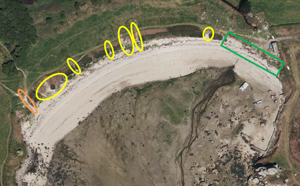 Image of Porth Hellick beach and surrounding dunes with areas for proposed Climate Adaptation works circled