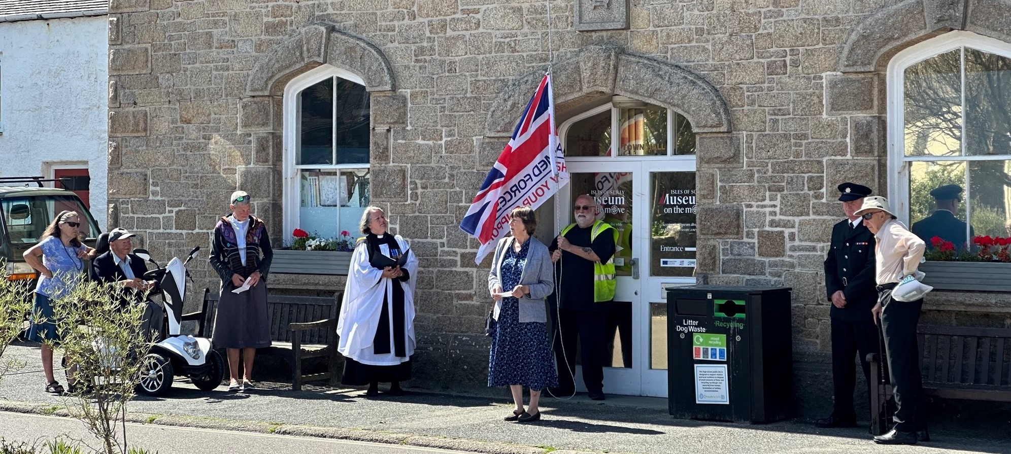 Image of Vice Chairman of Council, Cllr Frances Grottick, speaking at the Armed Forces Day flag raising ceremony outside of the Town Hall