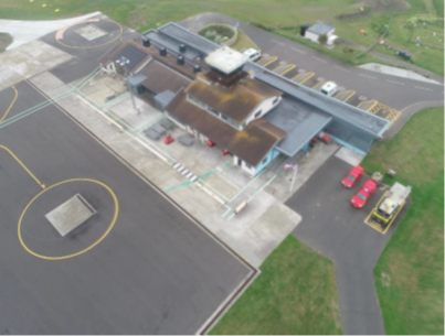 Birds-eye-view image of St Mary's Airport showing the roof to be repaired