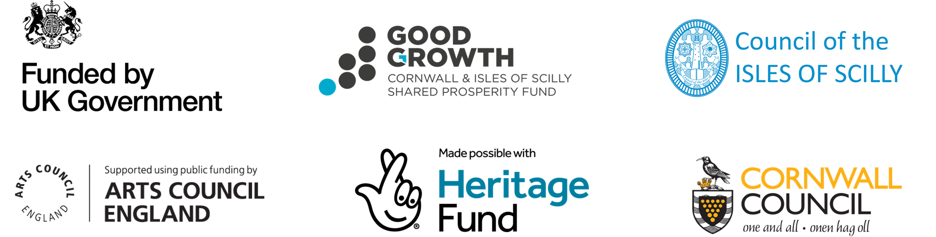 Logos for UK Government, Good Growth Cornwall & Isles of Scilly Shared Prosperity Fund, Council of the Isles of Scilly, Arts Council England, National Lottery Heritage Fund and Cornwall Council