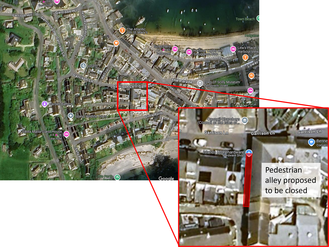 Image of Hugh Town with the footpath between Garrison Lane and Parson's Field highlighted, with text that says: 'Pedestrian alley proposed to be closed."