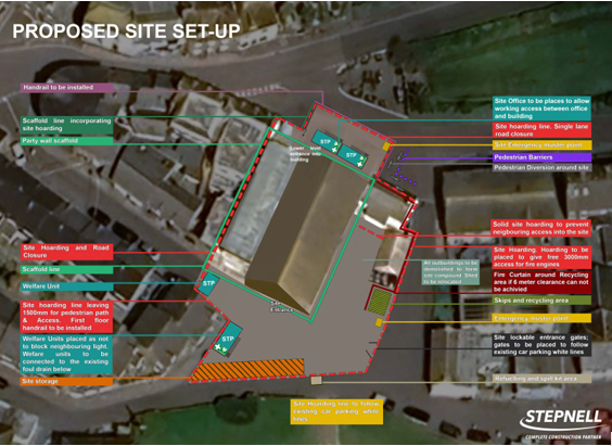 Image showing the proposed site set up for the Town Hall redevelopment, including the road closures both in front of and behind the Town Hall building.